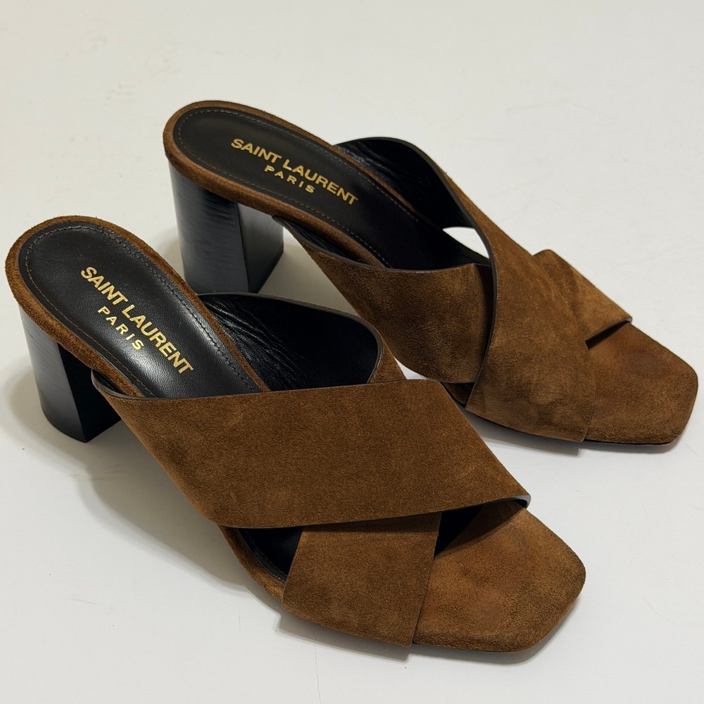 Saint Laurent Loulou Suede Sandals Crisscross Block Heel Mules Size 37 US 7